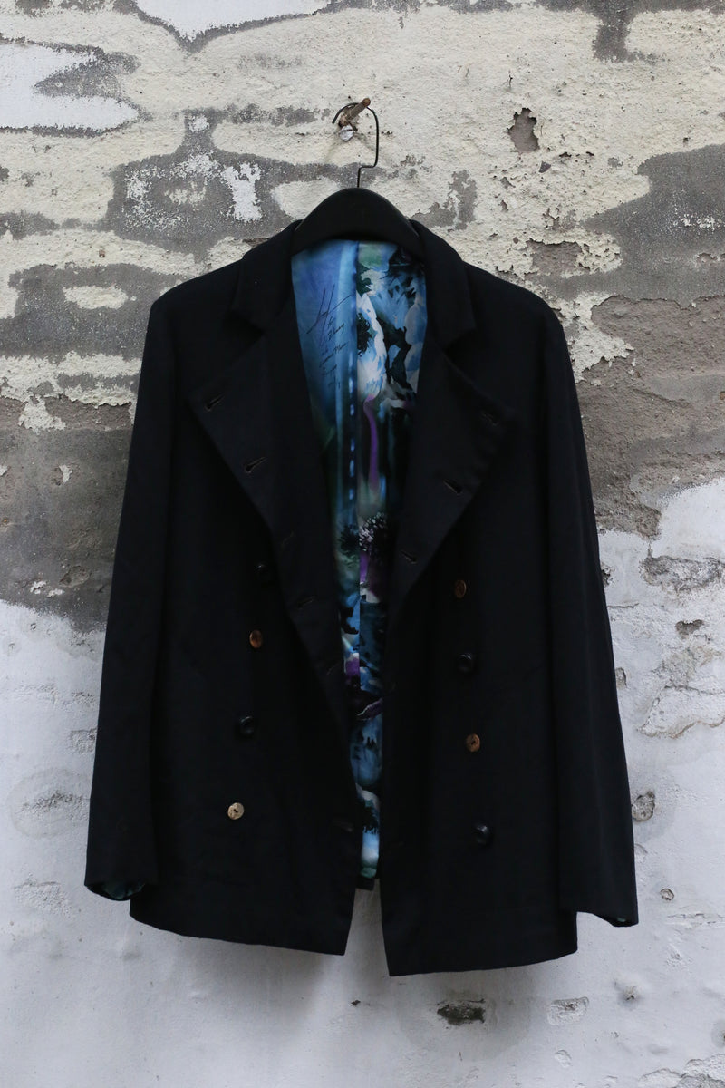 GEOFFREY B. SMALL Double-breasted cashmere jacket Silk printed lining