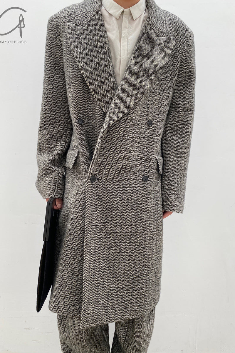 HED MAYNER double-breasted pure wool herringbone woolen coat C14_GRY/HRB