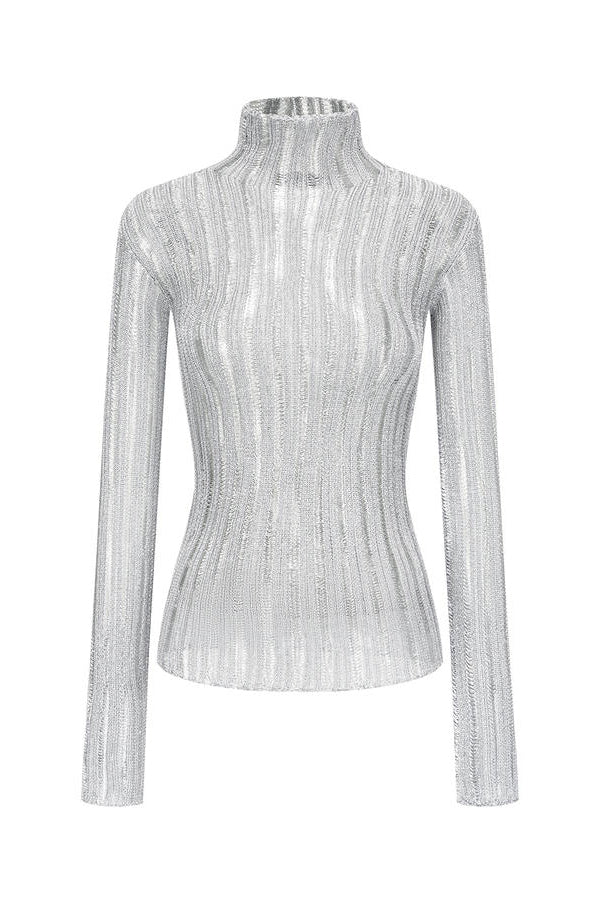 Swaying/knit striped high -neck metallic shirt SW22AW1T30 silver gray PS55