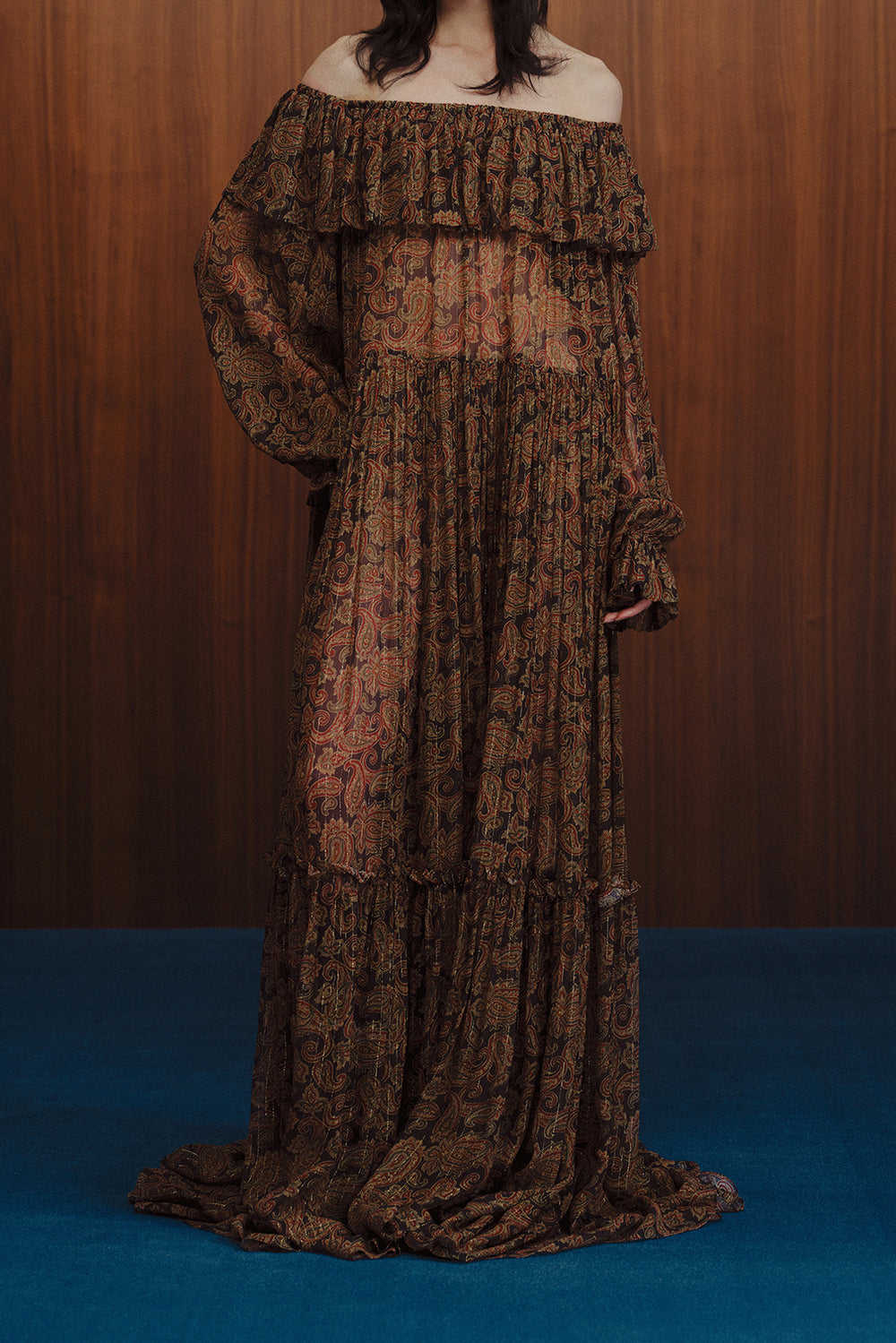 INTO THE EAST Dark Brown Paisley Pattern Ruffle Collar Silk Dress ITE- INTO THE EAST Dark Brown Paisley Pattern Ruffle Collar Silk Dress ITE-