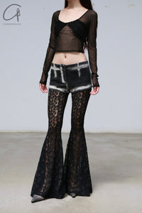PengTai 24 autumn and winter splicing lace flared pants PT-PTW24D01-2-HEI