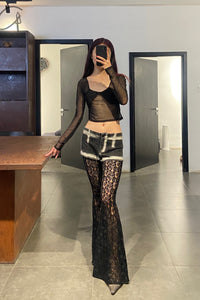 PengTai 24 autumn and winter splicing lace flared pants PT-PTW24D01-2-HEI
