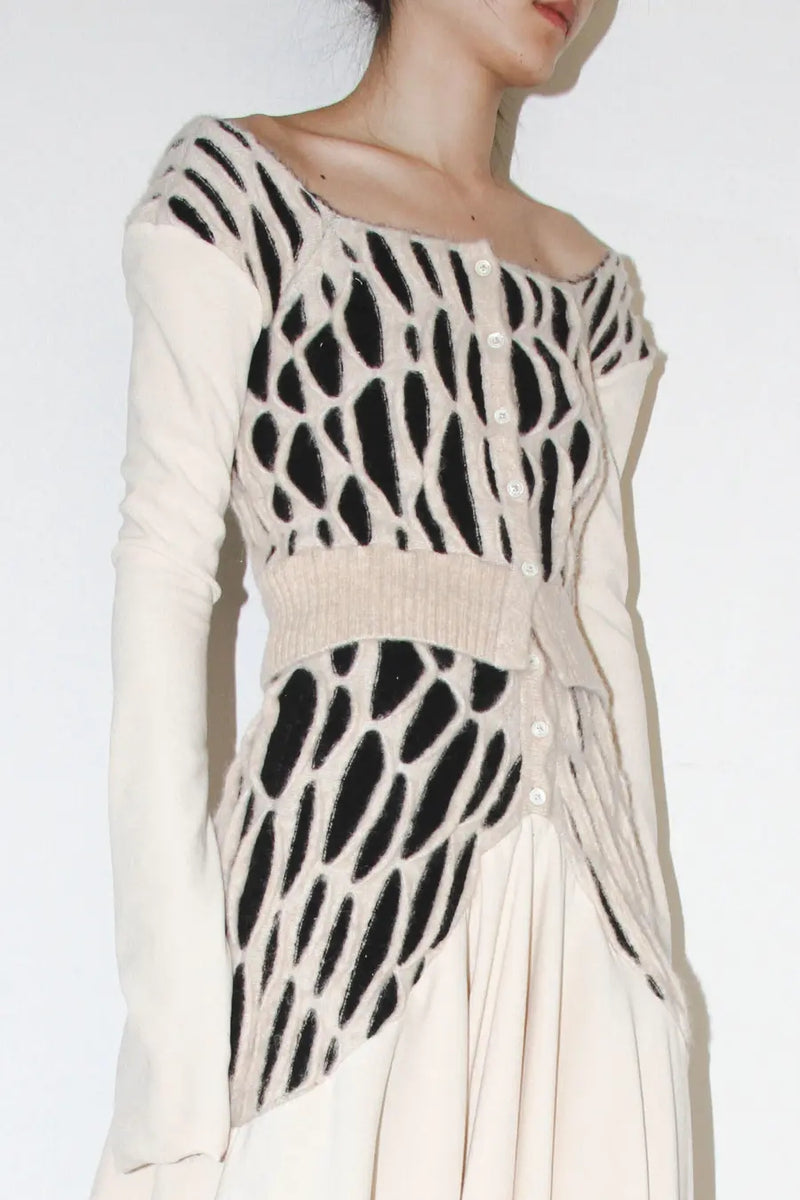 RUI animal print patchwork cardigan RAW23KN12 off-white & black